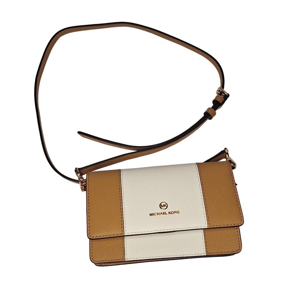 Michael Kors Brown & White Leather Crossbody Wallet With Adjustable Strap